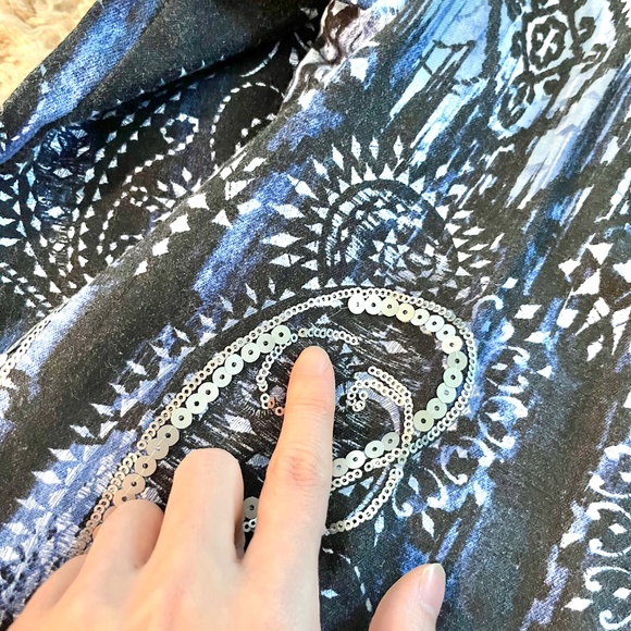 Chico's Linen-Blend Blue Ombre Sequin Paisley Open front Jacket Size 3 - Picture 7 of 9